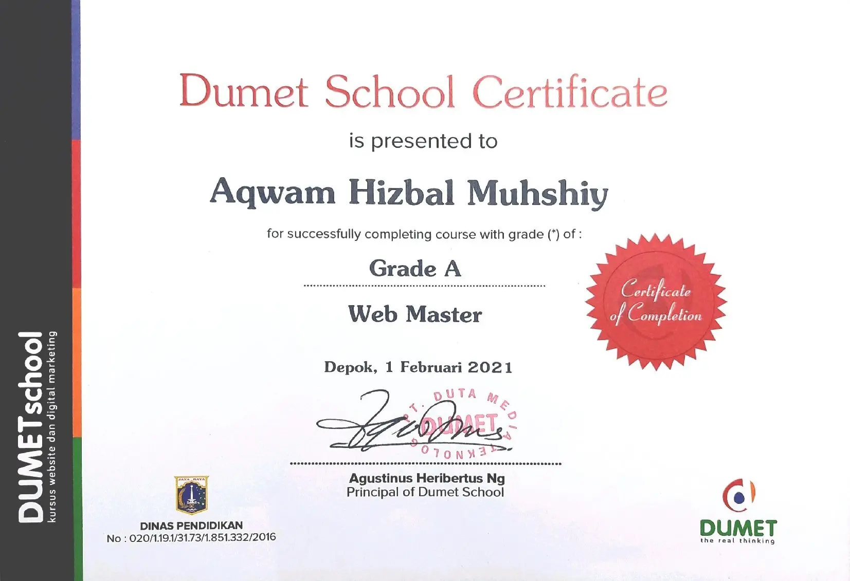 Dumet School Web Master Certification certificate